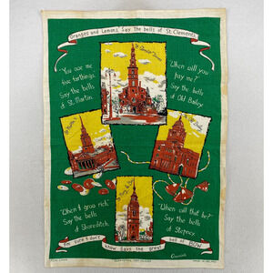 ORANGE AND LEMONS SAY THE BELLS OF ST CLEMENTS Commemorative Tea Towel Linen Vtg